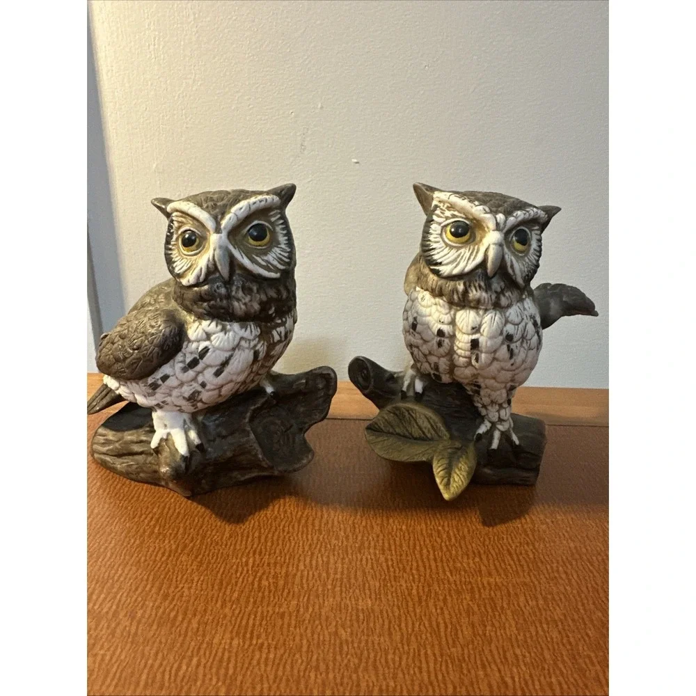 Pair of Vintage‎ Homco Porcelain Great Horned Owl Figurines